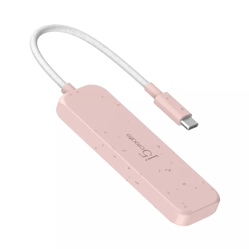 USB-C auf 4-Port USB-A Gen 2 Hub j5create — 10 Gbit/s, USB 3.2, Rose, recyceltes ABS-Kunststoff, 100×27×19 mm