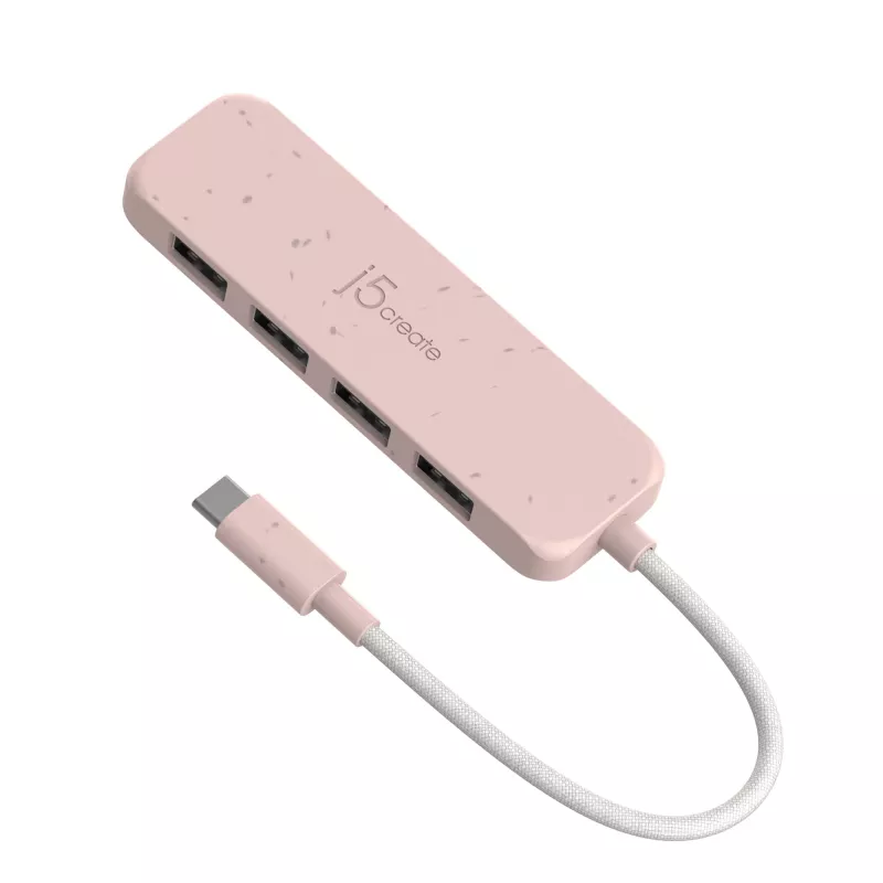 USB-C auf 4-Port USB-A Gen 2 Hub j5create — 10 Gbit/s, USB 3.2, Rose, recyceltes ABS-Kunststoff, 100×27×19 mm