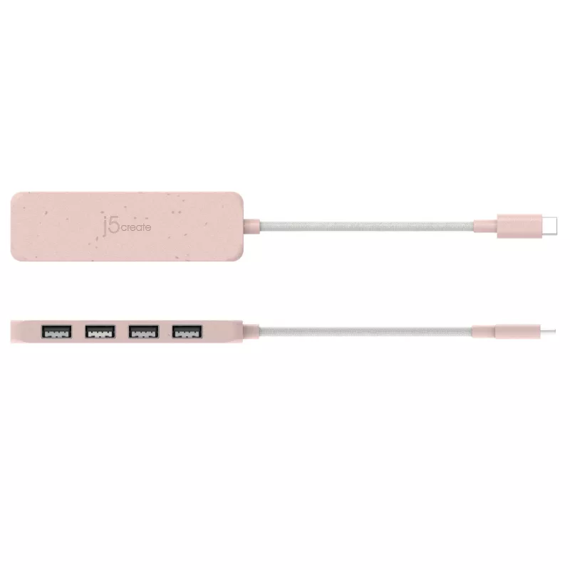 USB-C auf 4-Port USB-A Gen 2 Hub j5create — 10 Gbit/s, USB 3.2, Rose, recyceltes ABS-Kunststoff, 100×27×19 mm