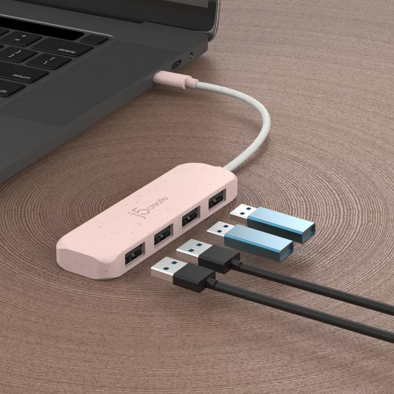 USB-C auf 4-Port USB-A Gen 2 Hub j5create — 10 Gbit/s, USB 3.2, Rose, recyceltes ABS-Kunststoff, 100×27×19 mm