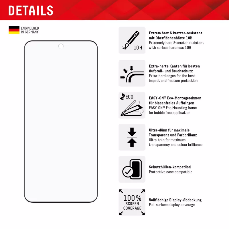 Displayschutz e.v.i. Displex Full Cover (10H) für Xiaomi 14 Pro, gehärtetes Glas, Eco-Montagerahmen, schwarz/transparent