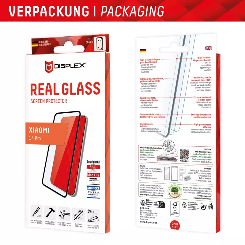 Displayschutz e.v.i. Displex Full Cover (10H) für Xiaomi 14 Pro, gehärtetes Glas, Eco-Montagerahmen, schwarz/transparent