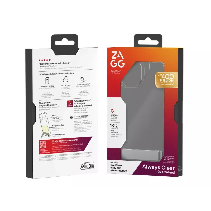 ZAGG Crystal Palace Kickstand Hülle iPhone 16/15/14/13 Klar, Cover, Apple, iPhone 17e/16e/15/14/13, 15,5 cm (6,1 inch), Transparent