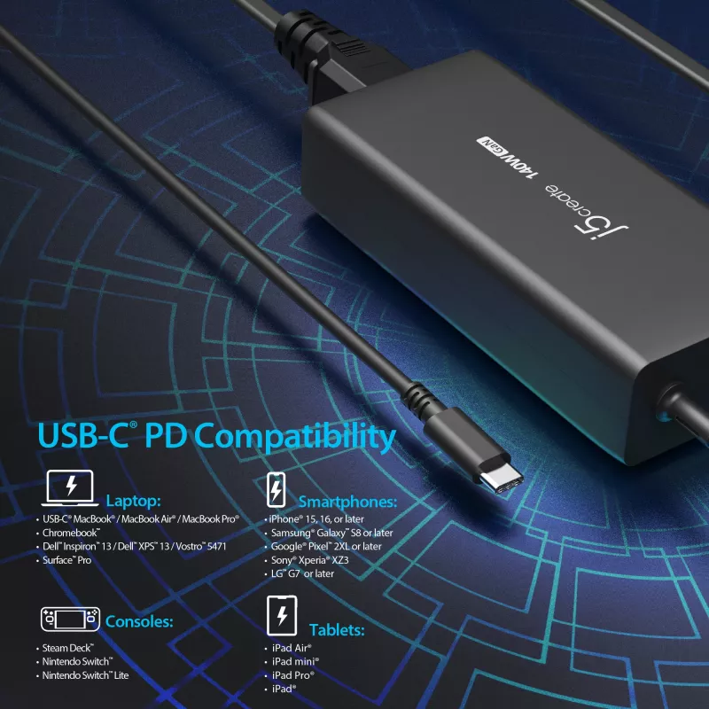 USB-C GaN-Ladegerät j5create JUP17140 140W PD3.1, Innenbereich, Schwarz, 59×127×30,5 mm