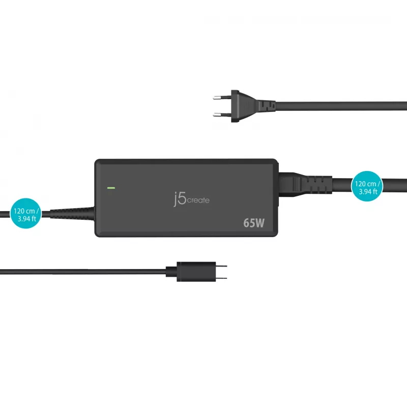 USB-C PD Power Adapter j5create JUP1265 — 65W, Indoor, Schwarz, Kunststoff, 118×32×50 mm (EU)