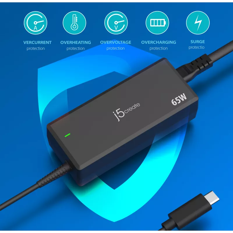 USB-C PD Power Adapter j5create JUP1265 — 65W, Indoor, Schwarz, Kunststoff, 118×32×50 mm (EU)