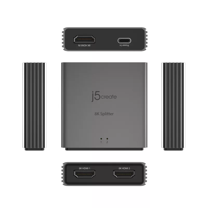 j5create JDSH812 8K HDMI™ 2.1 2-fach Splitter, HDMI, 2x HDMI, 7680 x 4320 Pixel, Grau, Aluminium, 8K Ultra HD