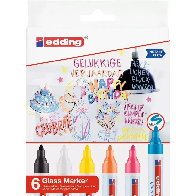 Glasmarker Edding 95 6 Stk. Rundspitze Schwarz Blau Orange Pink Weiß Gelb