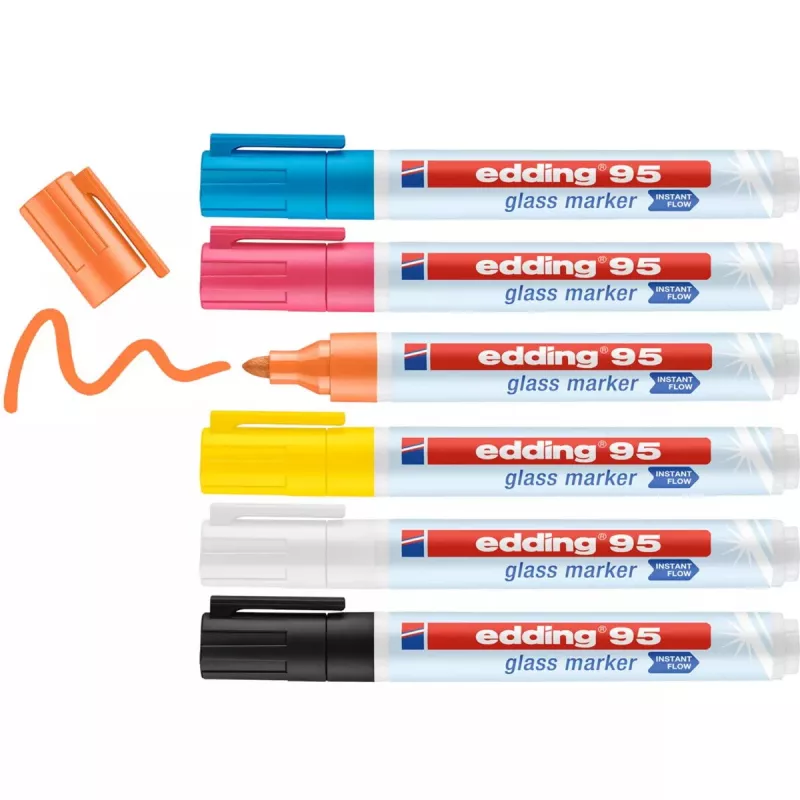 Glasmarker Edding 95 6 Stk. Rundspitze Schwarz Blau Orange Pink Weiß Gelb