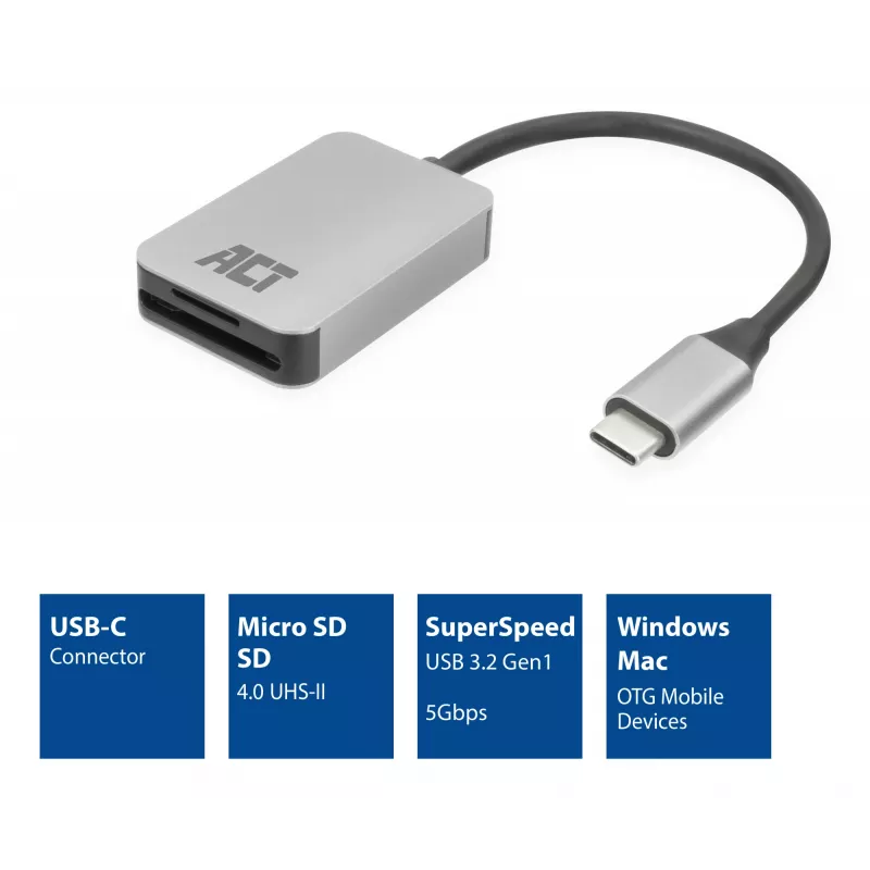 Kartenleser ACT AC7056 USB 3.2 Gen 1 Type-C Grau MicroSD SD