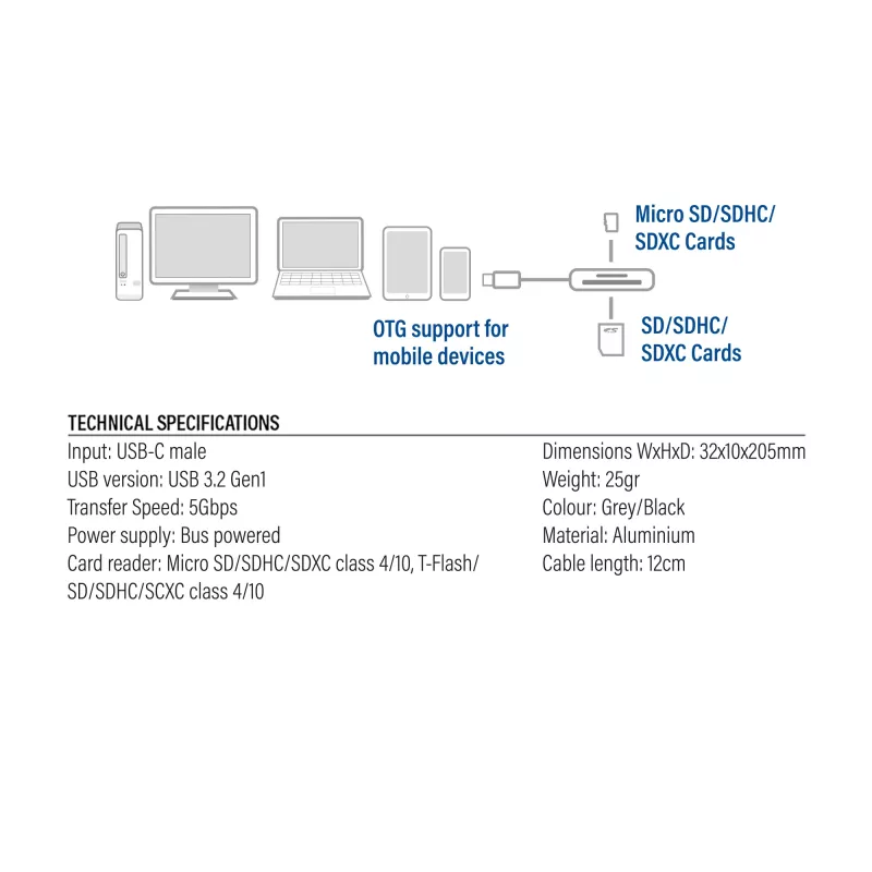 Kartenleser ACT AC7056 USB 3.2 Gen 1 Type-C Grau MicroSD SD