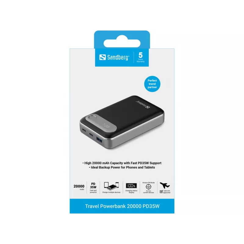 Sandberg Travel Powerbank 20000 PD35W, 20000 mAh, Lithium-Polymer (LiPo), 3.7 V, Schwarz, Silber