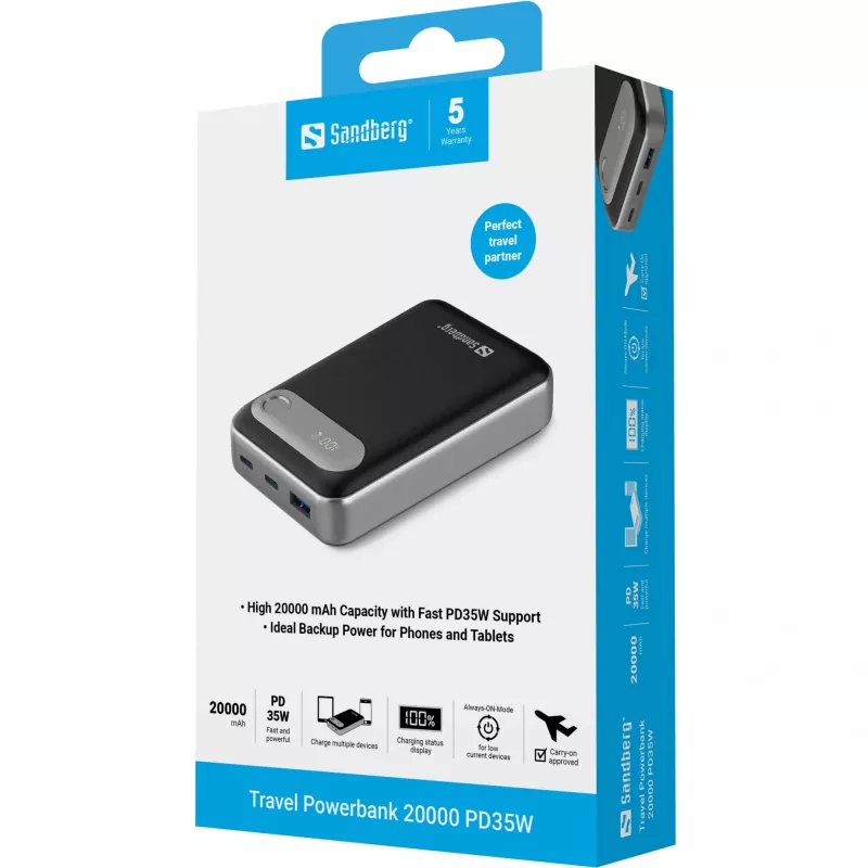 Sandberg Travel Powerbank 20000 PD35W, 20000 mAh, Lithium-Polymer (LiPo), 3.7 V, Schwarz, Silber