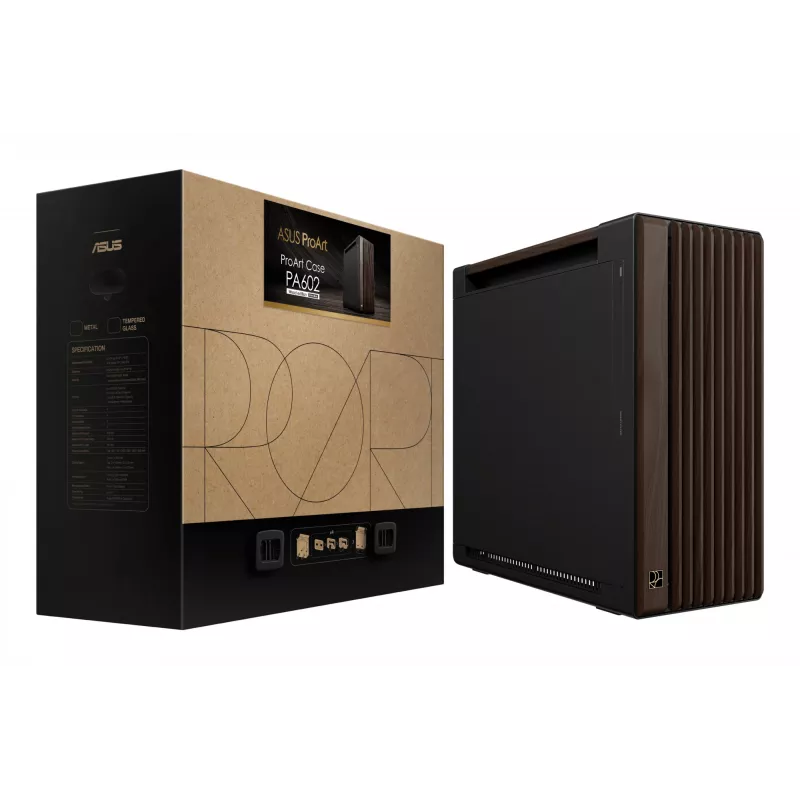 PC-Gehäuse ASUS ProArt PA602 Wood Edition Midi Tower — Schwarz & Holz, unterstützt ATX/EATX, 2x200 mm vorne, 1x140 mm hinten