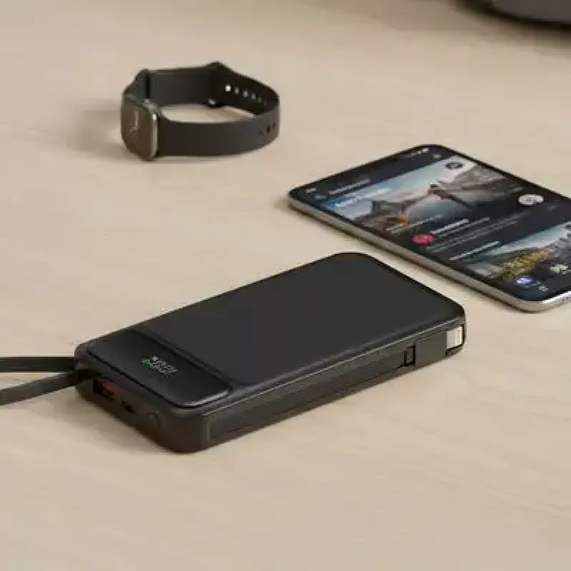 Powerbank MediaRange MRMA753 10.000 mAh LiPo mit integrierten Kabeln, LC-Display, USB-C PD & Quick Charge, schwarz