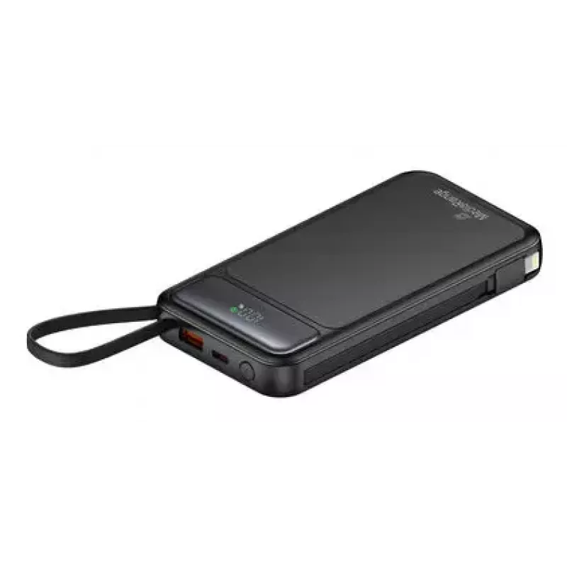 Powerbank MediaRange MRMA753 10.000 mAh LiPo mit integrierten Kabeln, LC-Display, USB-C PD & Quick Charge, schwarz