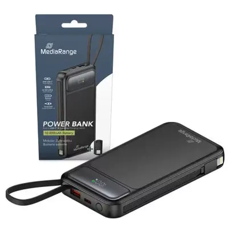 Powerbank MediaRange MRMA753 10.000 mAh LiPo mit integrierten Kabeln, LC-Display, USB-C PD & Quick Charge, schwarz
