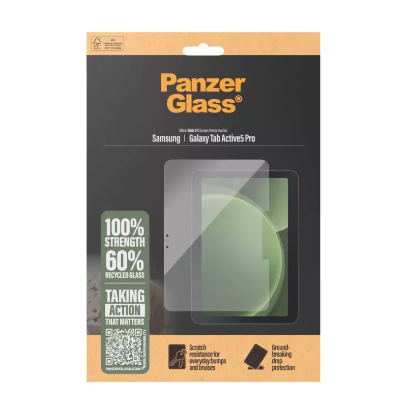 Bildschirmschutz PanzerGlass für Samsung Galaxy Tab Active5 Pro — Ultra-Wide Fit, gehärtetes Glas/PET, transparent