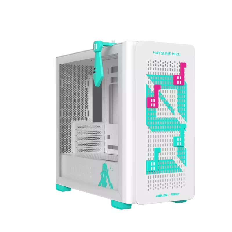 PC-Gehäuse ASUS A23 Hatsune Miku Edition — micro-ATX / Mini-ITX, unterstützt 120/140-mm-Lüfter, 2,5-Zoll- und 3,5-Zoll-Laufwerke, türkis/weiß