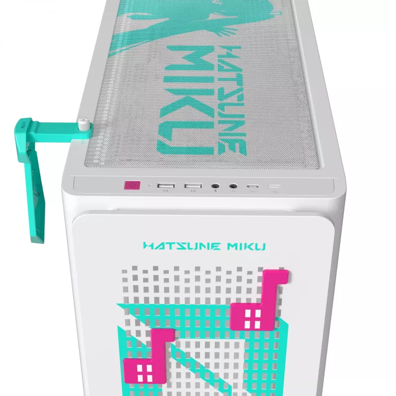 PC-Gehäuse ASUS A23 Hatsune Miku Edition — micro-ATX / Mini-ITX, unterstützt 120/140-mm-Lüfter, 2,5-Zoll- und 3,5-Zoll-Laufwerke, türkis/weiß