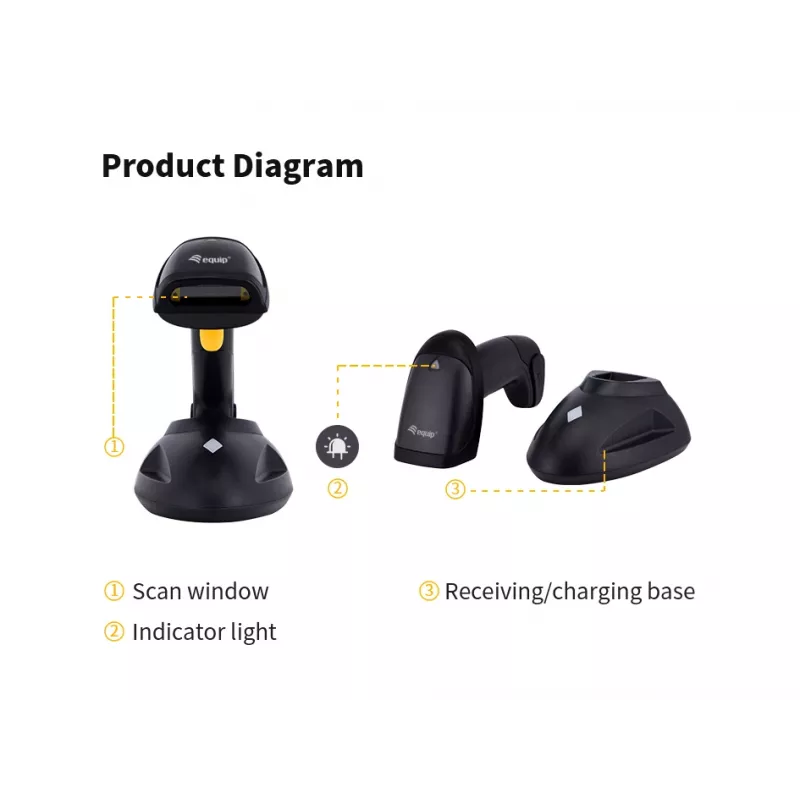 Equip Drahtloser 1D-Laser-Barcodescanner, große Reichweite, mit Ständer