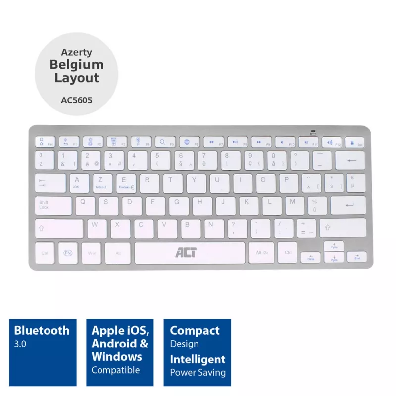 ACT Portable Bluetooth-Tastatur Azerty/BE-Layout Kabellos Weiß 75%