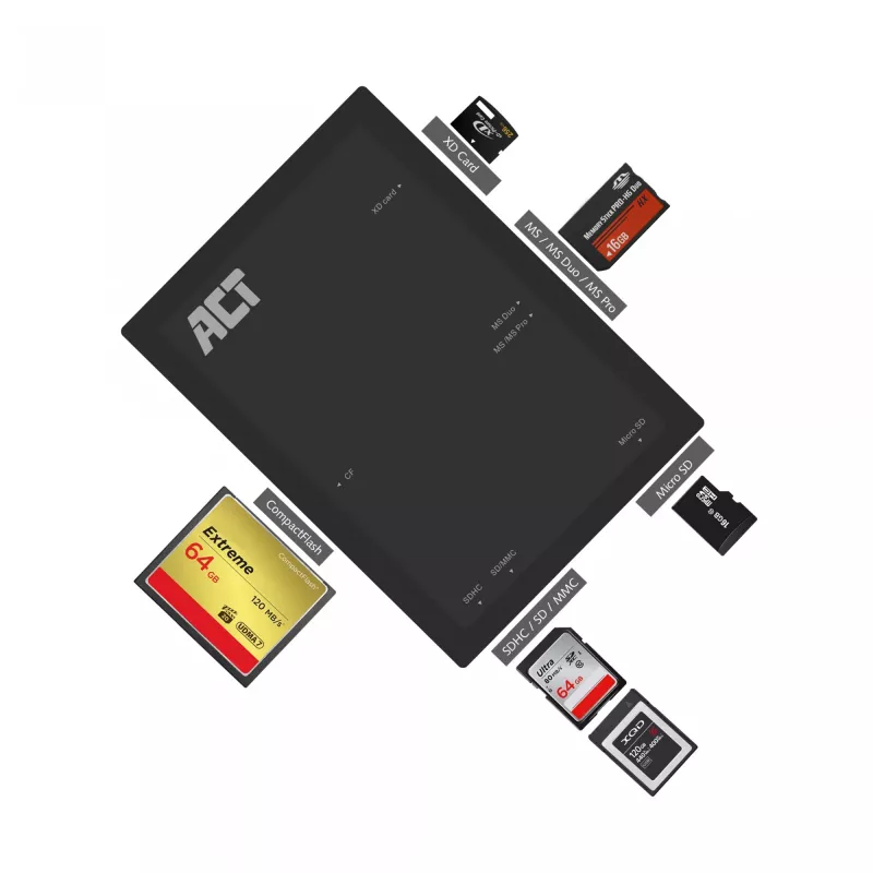 ACT USB 3.0 Kartenleser AC6370 CF MMC MS Duo MicroSD SDHC Schwarz