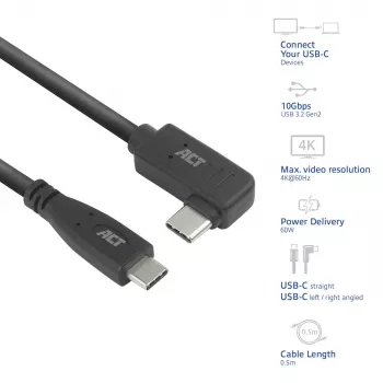ACT USB 3.0 10Gbps 60W USB Type-C (gerade) auf USB Type-C (links/rechts abgewinkelt) Kabel, 3 Meter
