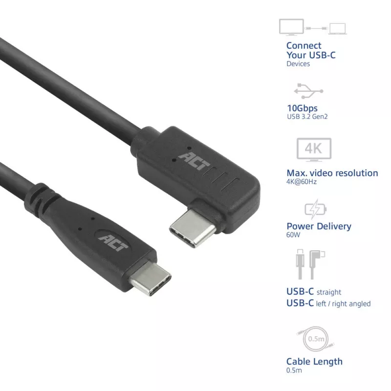 ACT USB 3.0 10Gbps 60W USB Type-C (gerade) auf USB Type-C (links/rechts abgewinkelt) Kabel, 3 Meter
