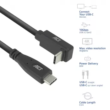 ACT USB 3.0 10 Gbit/s 60 W USB Type-C (gerade) auf USB Type-C (oben/unten gewinkelt) Kabel, 0,5 Meter