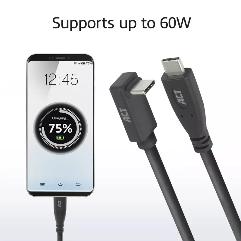 ACT USB 3.0 10Gbps 60W USB Type-C (gerade) auf USB Type-C (aufwärts/abwärts abgewinkelt) Kabel, 1 Meter