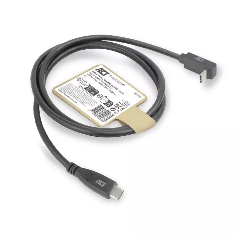 ACT USB 3.0 10Gbps 60W USB Type-C (gerade) auf USB Type-C (aufwärts/abwärts abgewinkelt) Kabel, 1 Meter