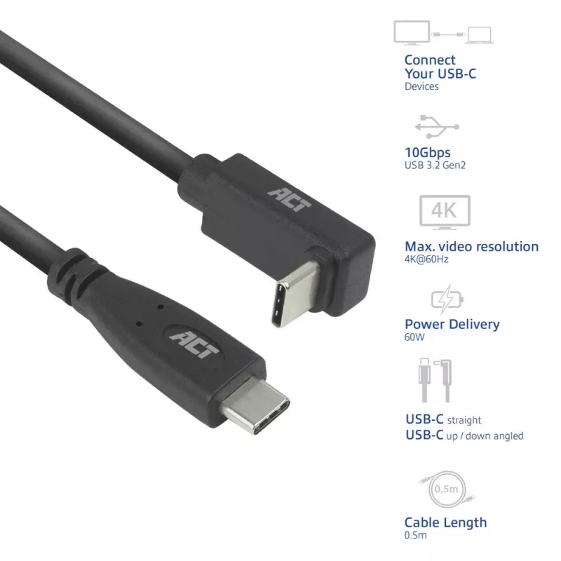 ACT USB 3.0 10Gbps 60W USB Type-C (gerade) auf USB Type-C (auf-/abwärts gewinkelt) Kabel, 2 Meter