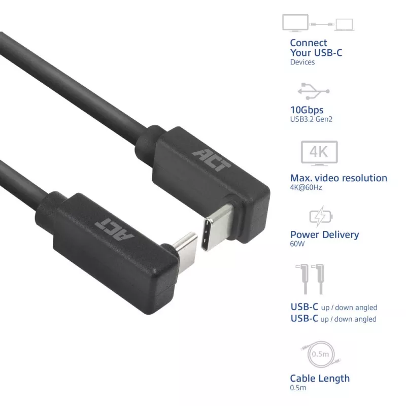 ACT USB 3.0 10Gbps 60W USB Type-C (nach oben/unten abgewinkelt) auf USB Type-C (nach oben/unten abgewinkelt) Kabel, 0,5 Meter