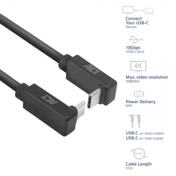 ACT USB 3.0 10Gbps 60W USB Type-C (nach oben/unten abgewinkelt) auf USB Type-C (nach oben/unten abgewinkelt) Kabel, 1 Meter