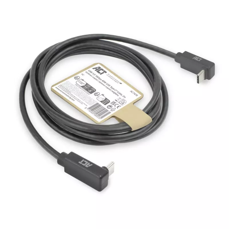 ACT USB 3.0 10Gbps 60W USB Type-C (nach oben/unten abgewinkelt) auf USB Type-C (nach oben/unten abgewinkelt) Kabel, 2 Meter