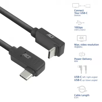 ACT USB 3.0 10 Gbit/s 60 W USB Type-C (links/rechts abgewinkelt) auf USB Type-C (oben/unten abgewinkelt) Kabel, 1 Meter