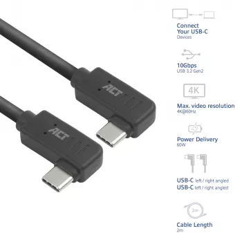 ACT USB 3.0 10Gbps 60W USB Type-C® (links/rechts gewinkelt) auf USB Type-C® (links/rechts gewinkelt) Kabel, 2 Meter