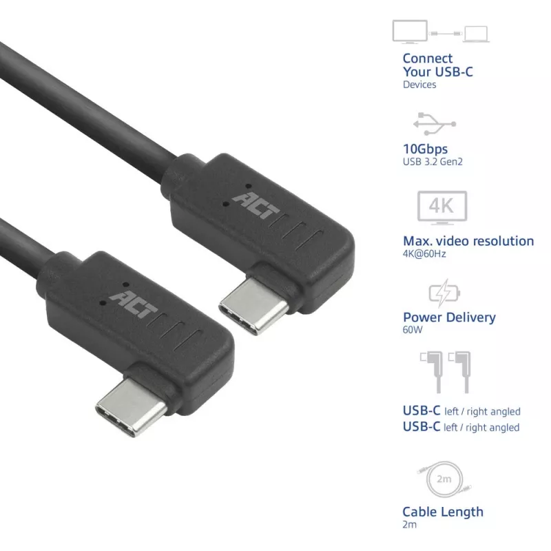 ACT USB 3.0 10Gbps 60W USB Type-C® (links/rechts gewinkelt) auf USB Type-C® (links/rechts gewinkelt) Kabel, 2 Meter