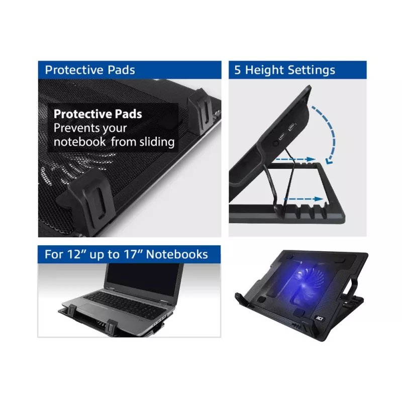 ACT Laptop-Ständer, mit Lüfter, 5-fach höhenverstellbar, 2-Port-Hub