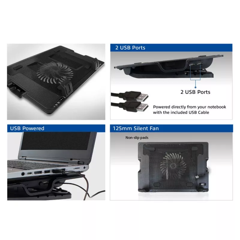 ACT Laptop-Ständer, mit Lüfter, 5-fach höhenverstellbar, 2-Port-Hub