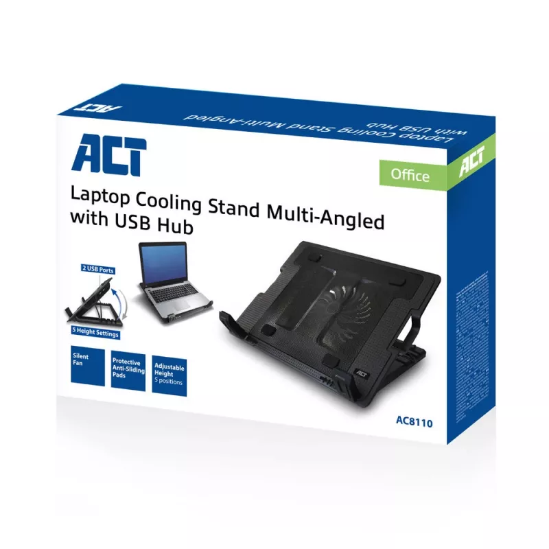 ACT Laptop-Ständer, mit Lüfter, 5-fach höhenverstellbar, 2-Port-Hub
