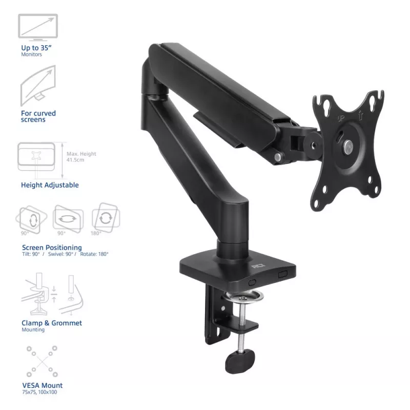 Monitorarm ACT für 35-Zoll-Bildschirme, Gasfeder, Einzelmonitor, Klemme/Tischdurchführung, bis 9 kg, VESA 75x75–100x100, Neigung ±45°, Schwarz