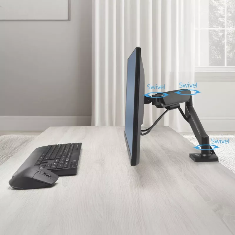 Monitorarm ACT für 35-Zoll-Bildschirme, Gasfeder, Einzelmonitor, Klemme/Tischdurchführung, bis 9 kg, VESA 75x75–100x100, Neigung ±45°, Schwarz
