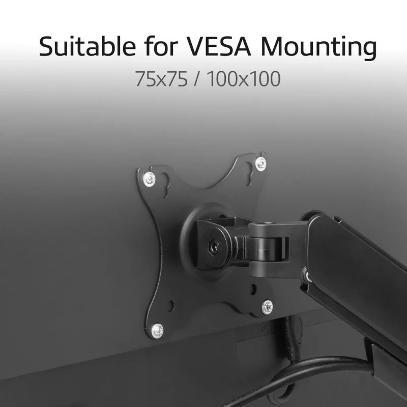 Monitorarm ACT für 35-Zoll-Bildschirme, Gasfeder, Einzelmonitor, Klemme/Tischdurchführung, bis 9 kg, VESA 75x75–100x100, Neigung ±45°, Schwarz