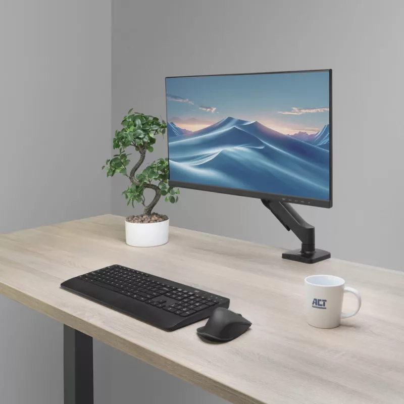 Monitorarm ACT für 35-Zoll-Bildschirme, Gasfeder, Einzelmonitor, Klemme/Tischdurchführung, bis 9 kg, VESA 75x75–100x100, Neigung ±45°, Schwarz
