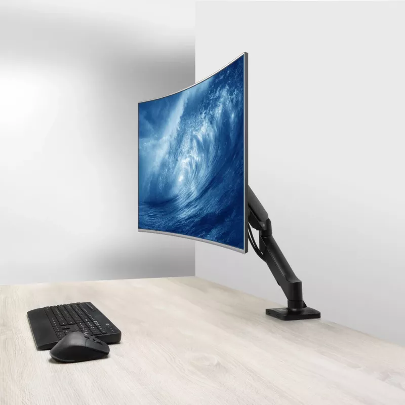Monitorarm ACT für 35-Zoll-Bildschirme, Gasfeder, Einzelmonitor, Klemme/Tischdurchführung, bis 9 kg, VESA 75x75–100x100, Neigung ±45°, Schwarz