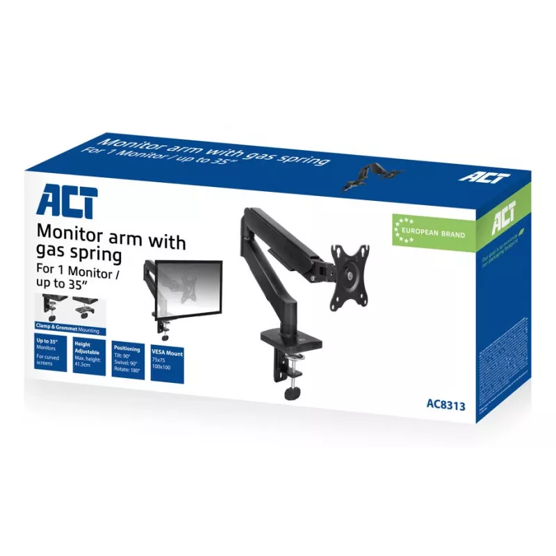 Monitorarm ACT für 35-Zoll-Bildschirme, Gasfeder, Einzelmonitor, Klemme/Tischdurchführung, bis 9 kg, VESA 75x75–100x100, Neigung ±45°, Schwarz