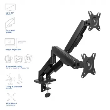ACT Monitorarm 35 Zoll, Gasfeder, 2 Monitore, Essentials, Klemme/Tischdurchführung, 18 kg, 43,2 cm (17 Zoll), 88,9 cm (35 Zoll), 100 x 100 mm, Schwarz