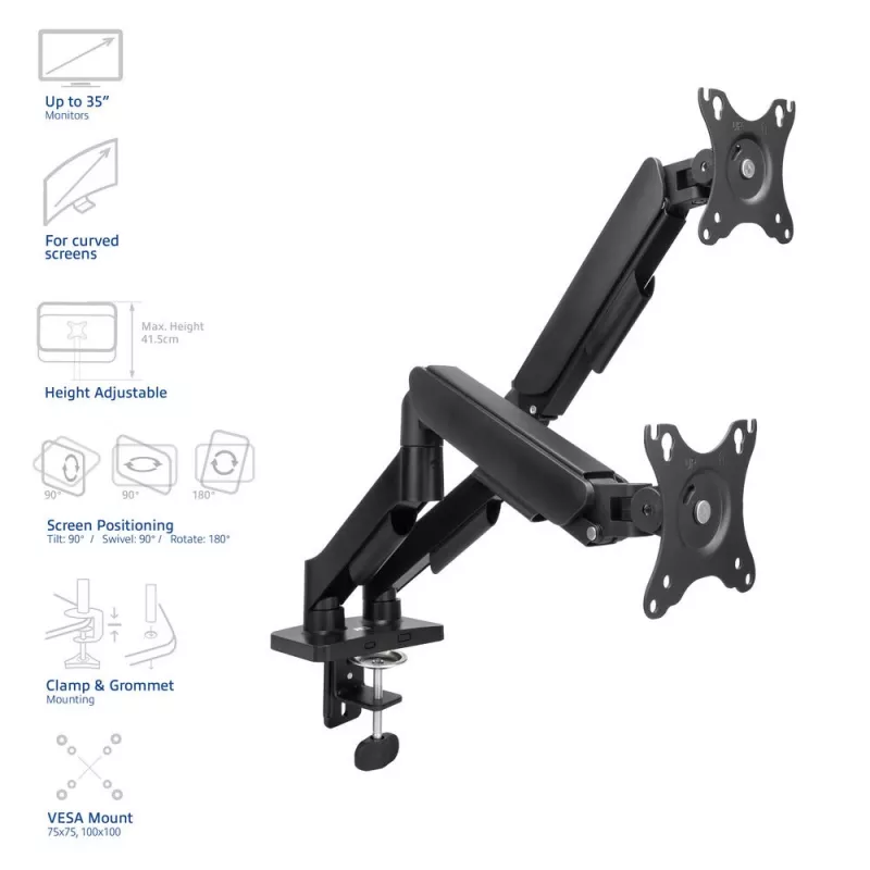 ACT Monitorarm 35 Zoll, Gasfeder, 2 Monitore, Essentials, Klemme/Tischdurchführung, 18 kg, 43,2 cm (17 Zoll), 88,9 cm (35 Zoll), 100 x 100 mm, Schwarz